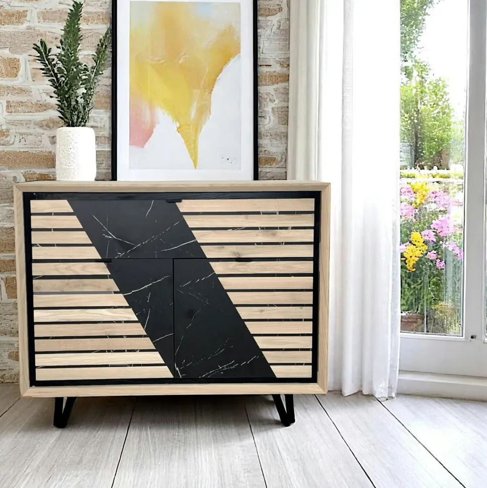Enfilade 4 portes chêne blanc décor graphique ESSEN