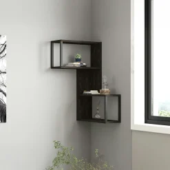 Etagère murale d'angle effet bois clair - 2 niches JENA