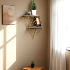 Etagère murale en bois et métal doré - forme triangle SITIA