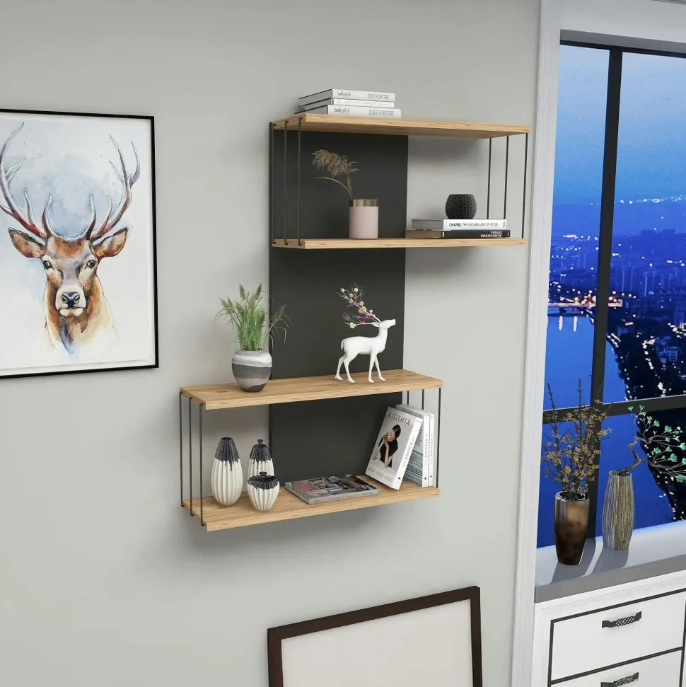 Etagère murale moderne effet bois & gris - 2 niches JENA