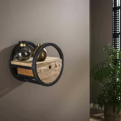Etagère murale ronde bois recyclé brut 1 tiroir D40 cm CYCLADES