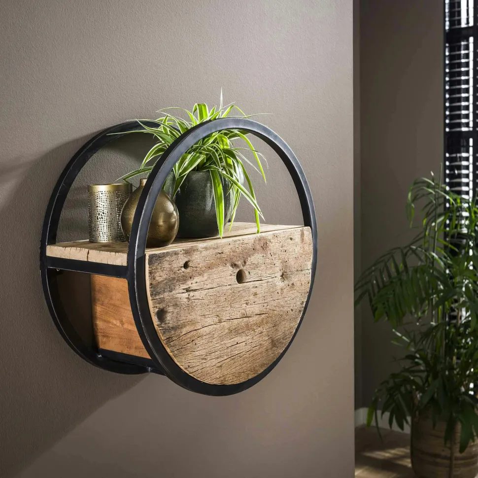 Etagère murale ronde bois recyclé brut 1 tiroir D30 cm CYCLADES