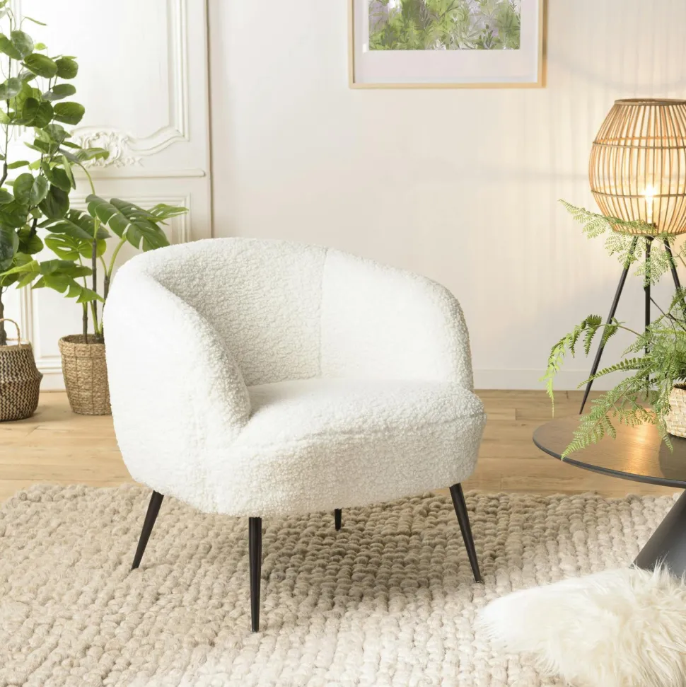Fauteuil club tissu bouclette blanc TIM
