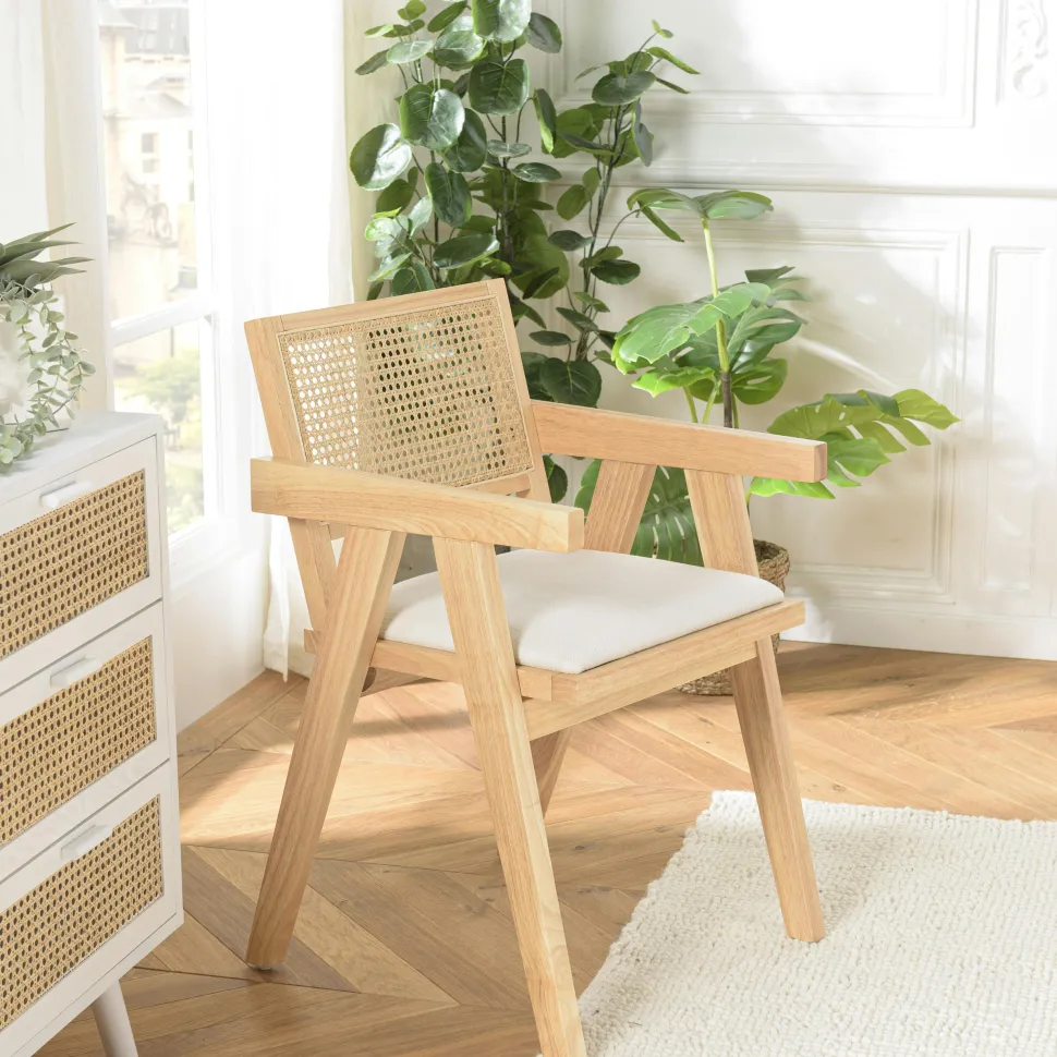 Fauteuil contemporain bois clair tissu blanc et cannage TIM