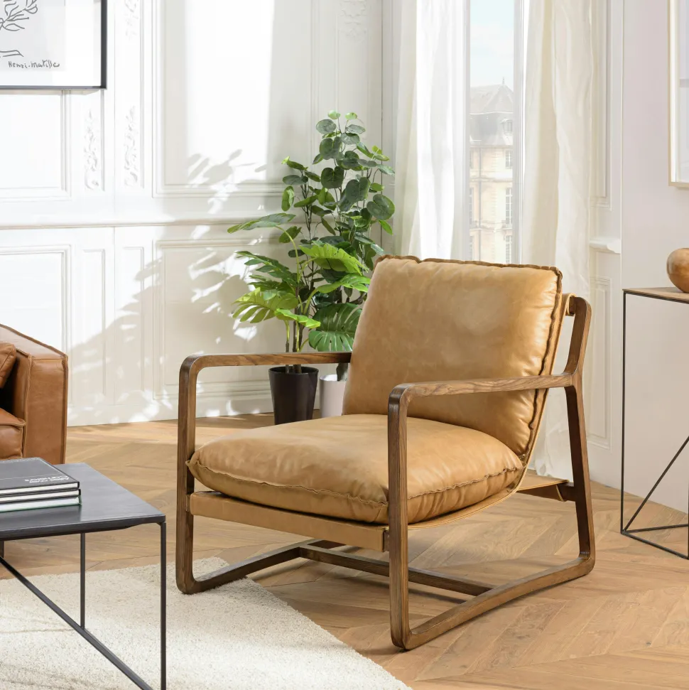 Fauteuil cuir beige et bois dos incliné PRESTON