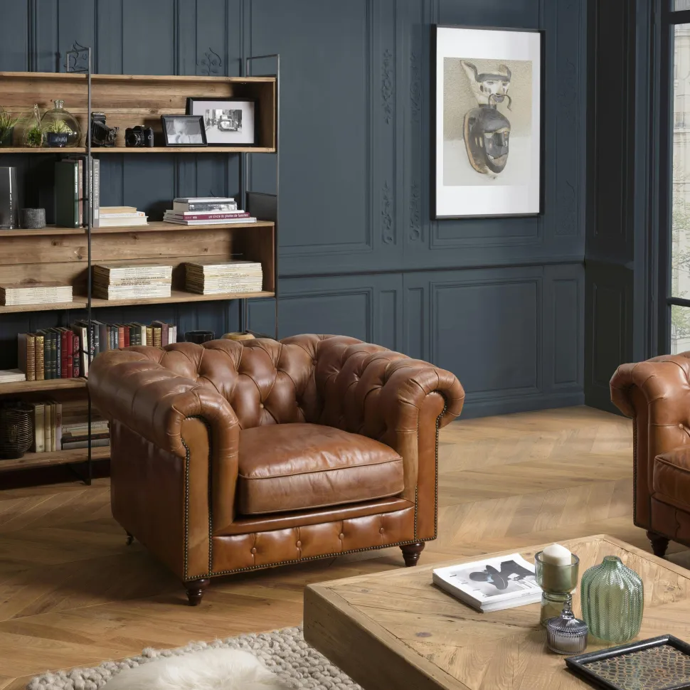 Fauteuil cuir brun Chesterfield 2 roulettes PRESTON