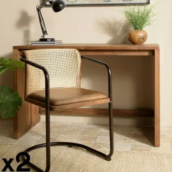 Fauteuil cuir et rotin havane pied luge arrondi (lot de 2) TIM