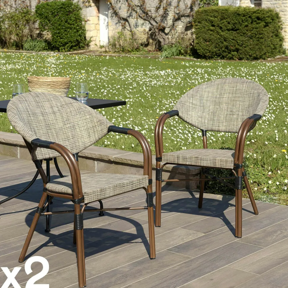Fauteuil de jardin bistrot acier et tissu taupe (lot de 2) GIJON