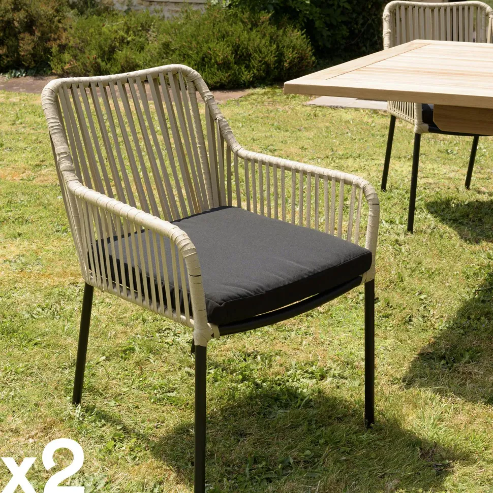 Fauteuil de jardin cordage noir 1 coussin gris anthracite (lot de 2) GIJON