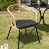 Fauteuil de jardin rotin synthétique ajouré couleur naturelle avec coussin noir (lot de 2) GIJON