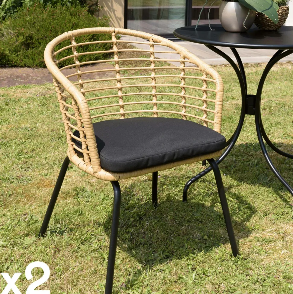 Fauteuil de jardin rotin synthétique ajouré couleur naturelle avec coussin noir (lot de 2) GIJON