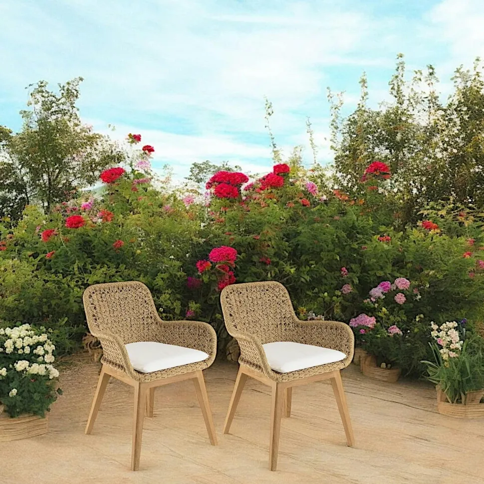 Fauteuil de jardin teck et assise tressée beige avec coussin blanc (lot de 2) SUMMER