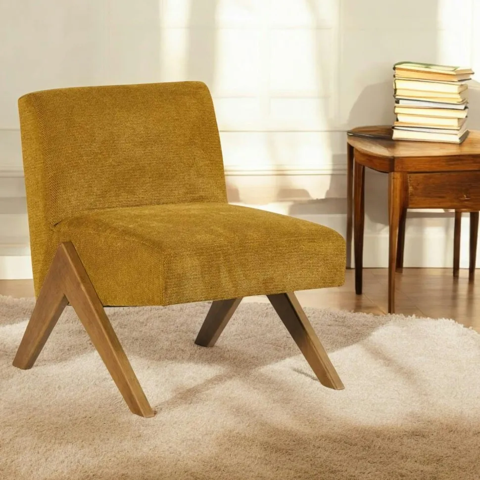 Fauteuil de salon bois et velours moutarde SOHO