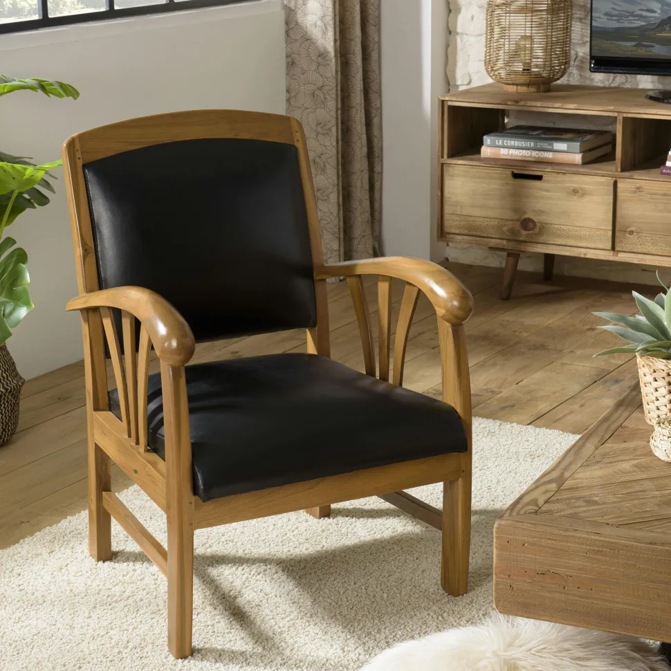 Fauteuil exotique bois et cuir noir DIKA