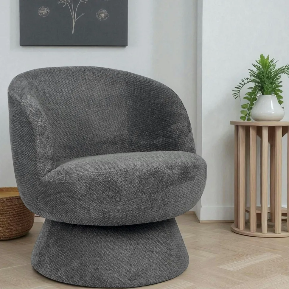 Fauteuil gris pivotant - tissu chenille, style rétro IENA