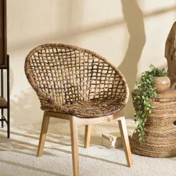 Fauteuil rond marron bois recyclé et chanvre tressé SWING