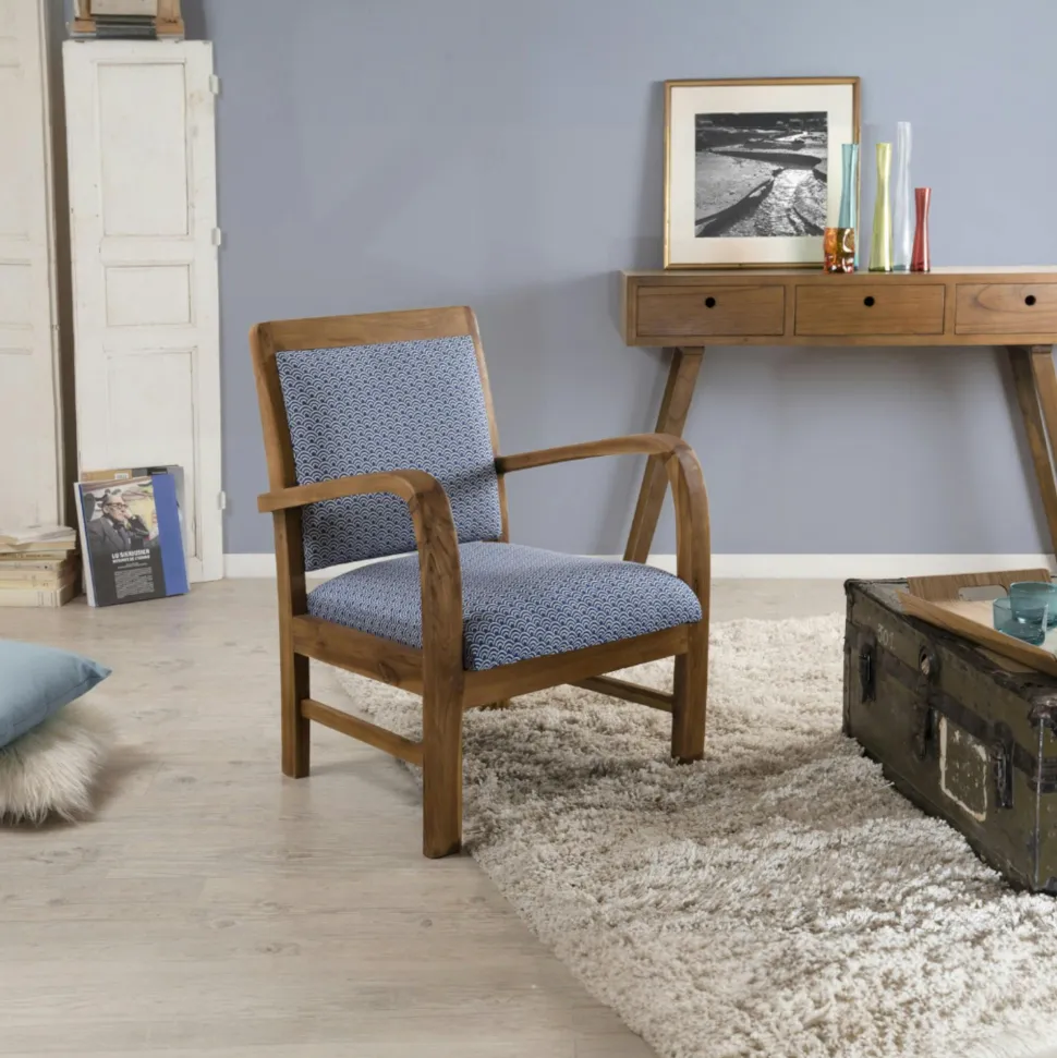 Fauteuil Teck assise tissu coton motifs feuilles rétro années 50. Dim: 61x63x81cm DIKA
