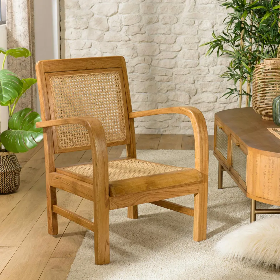 Fauteuil éthnique bois foncé et rotin DIKA