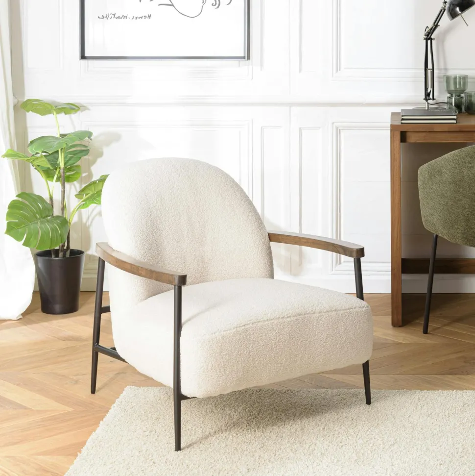 Fauteuil tissu bouclette blanc écru TIM