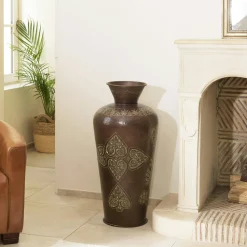 Grand vase oriental couleur cuivre foncé patiné motifs dorés H85,5 cm NADOR