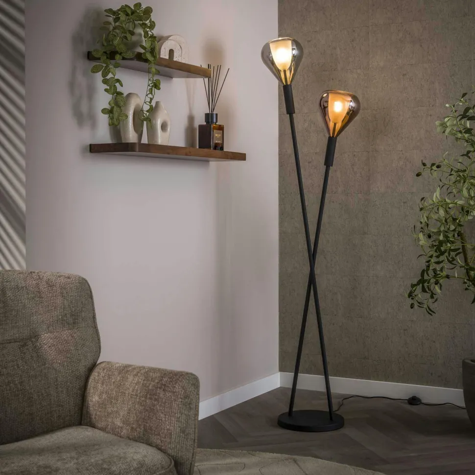 Lampadaire design tiges croisées, 2 abat-jour gouttes NIAGARA