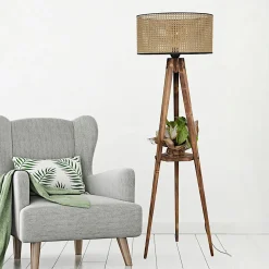 Lampadaire trépied effet bois avec abat-jour cannage KILIS