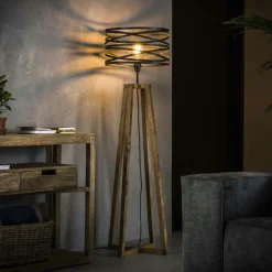 Lampadaire trépied effet bois avec abat-jour cannage KILIS