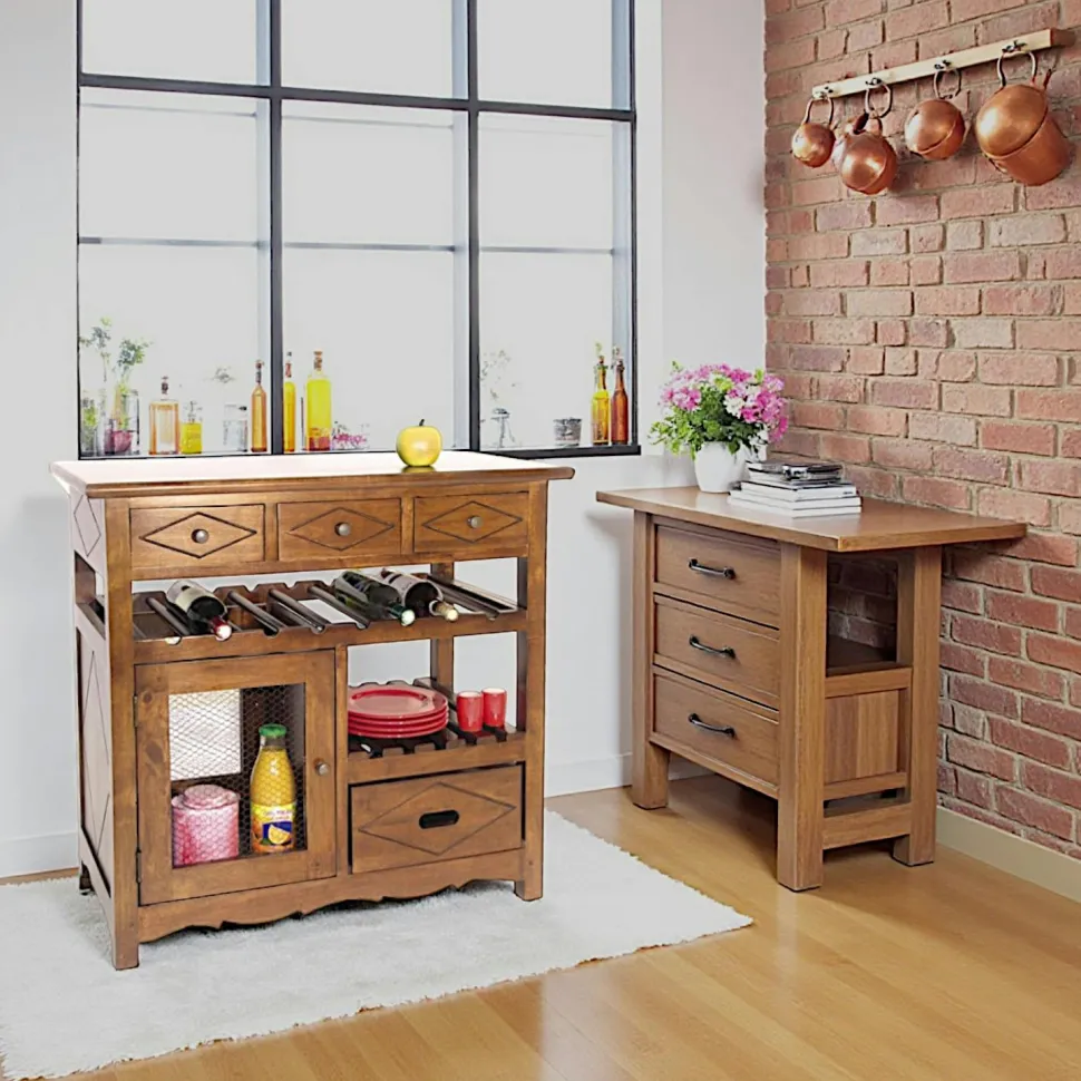 Meuble de cuisine Hévéa 4 tiroirs, 1 porte grillagée, 1 étagère, 1 rack à bouteilles 88,2x50x84cm TRADITION