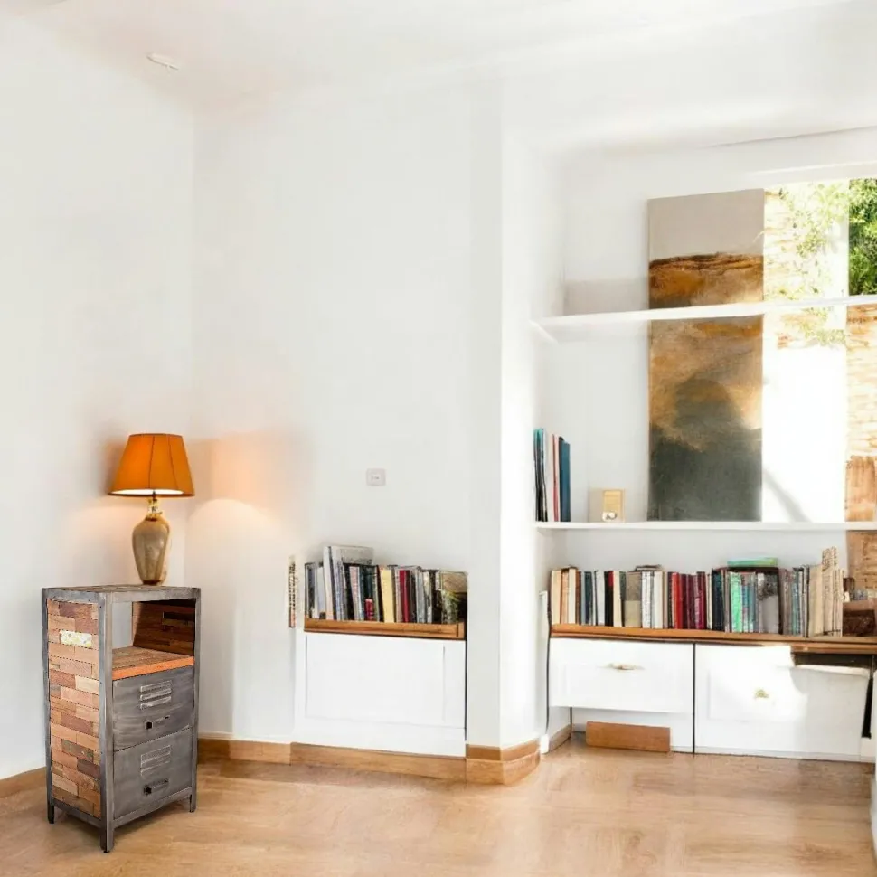 Meuble de rangement bois recyclé 1 niche et 2 tiroirs métal 60x40x110cm CARAVELLE