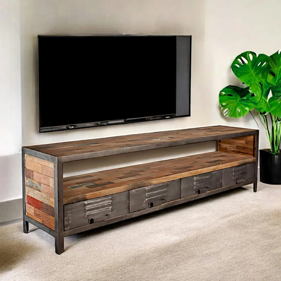 Meuble de rangement bois recyclé 1 niche et 2 tiroirs métal 60x40x110cm CARAVELLE