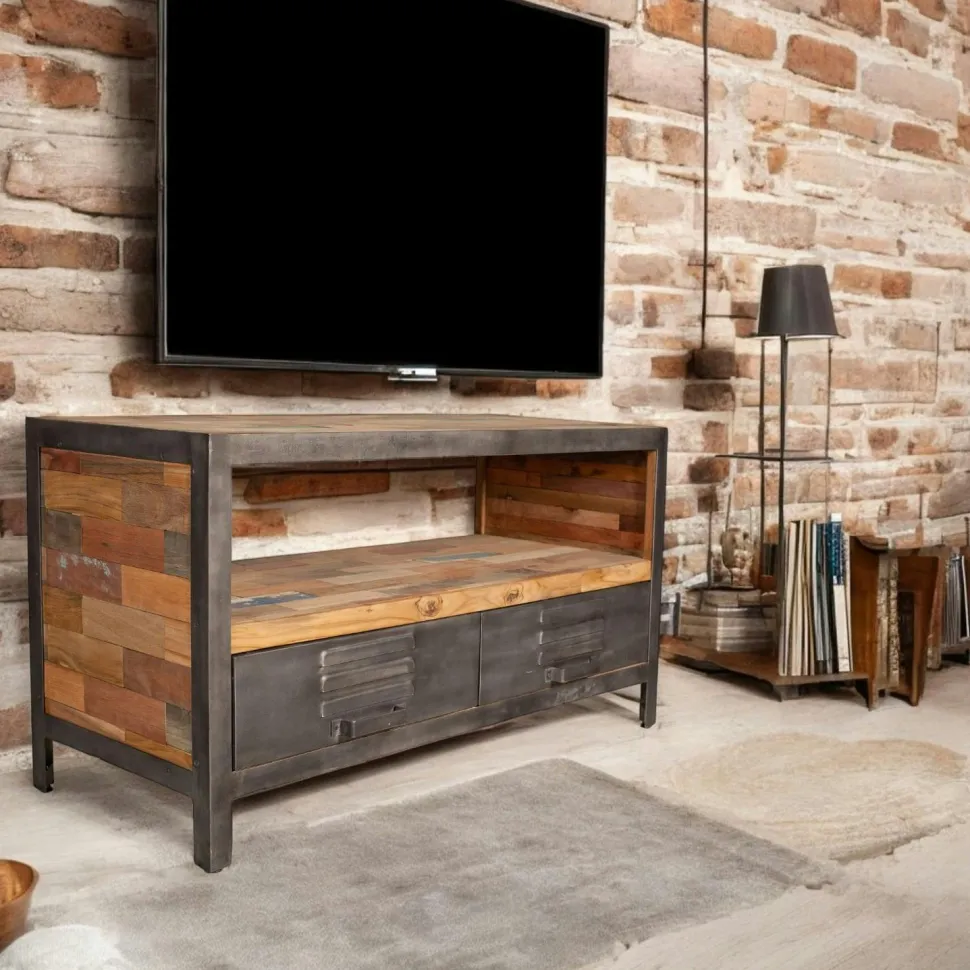 Meuble de rangement bois recyclé 1 niche et 2 tiroirs métal 60x40x110cm CARAVELLE