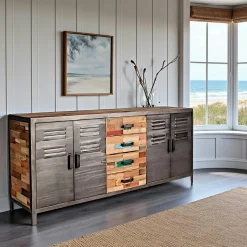 Meuble de rangement bois recyclé 1 niche et 2 tiroirs métal 60x40x110cm CARAVELLE