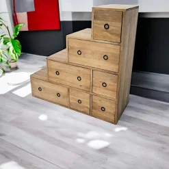 Meuble escalier double face 7 tiroirs hévéa 88x35x88cm MAORI