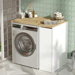 Meuble pour lave-linge 1 tiroir, blanc & bois clair MARFA