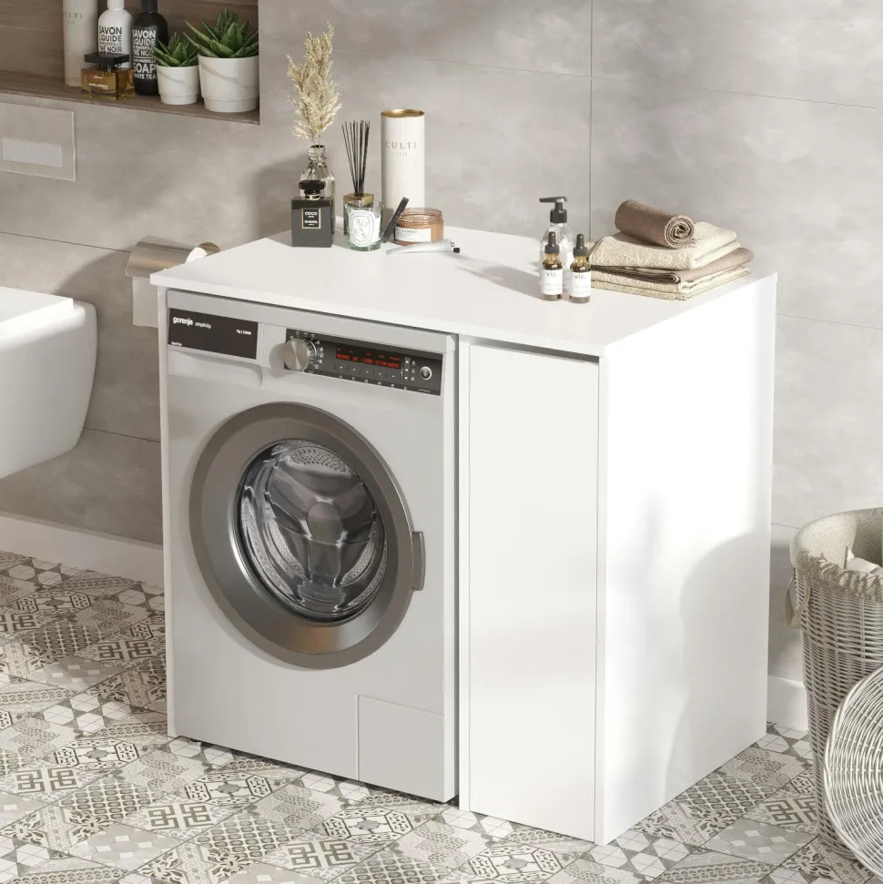 Meuble pour lave-linge 1 tiroir, blanc & bois clair MARFA
