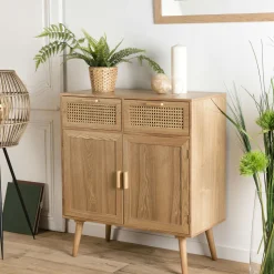 Meuble TV 147 cm 2 portes cannage rotin naturel PALMA