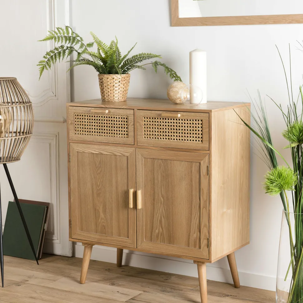 Meuble TV 147 cm 2 portes cannage rotin naturel PALMA