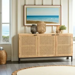 Meuble TV 147 cm 2 portes cannage rotin naturel PALMA