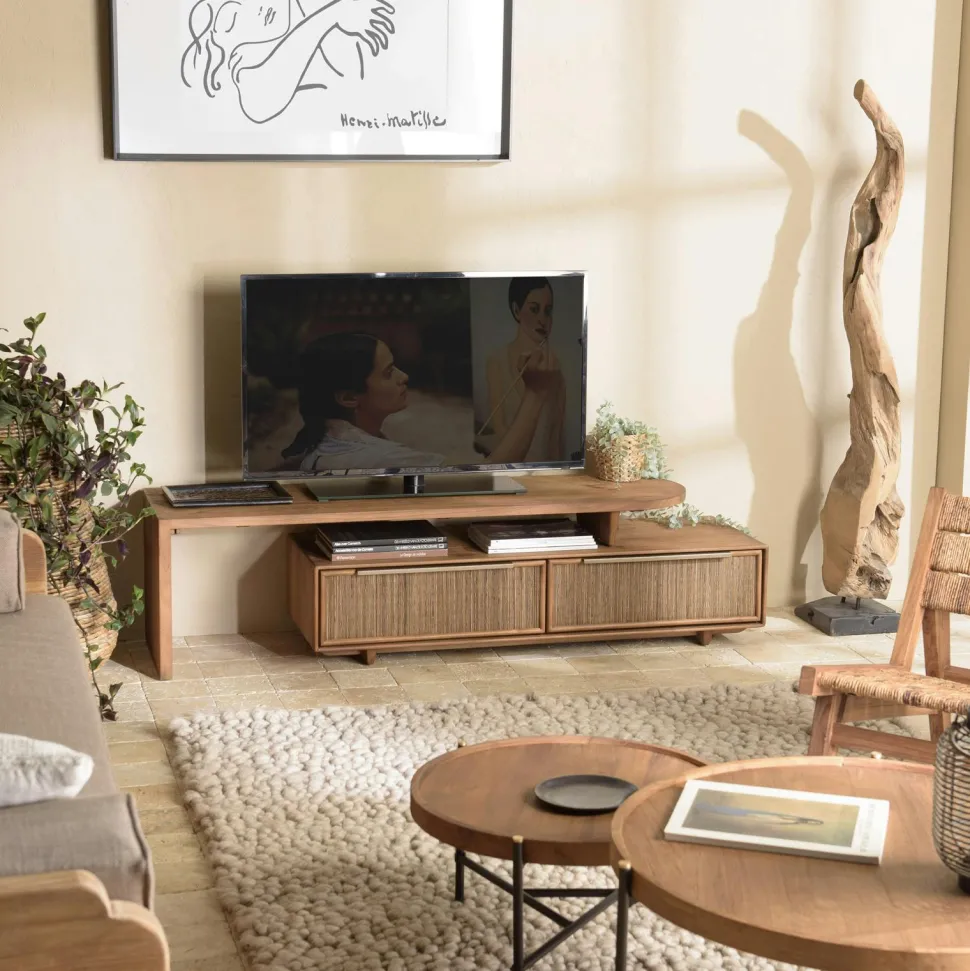 Meuble TV 180 cm en teck recycle 2 tiroirs fibre de coco SWING