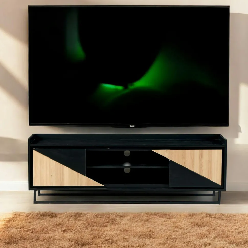 Meuble TV 1 porte bois noir et blanc ANINA