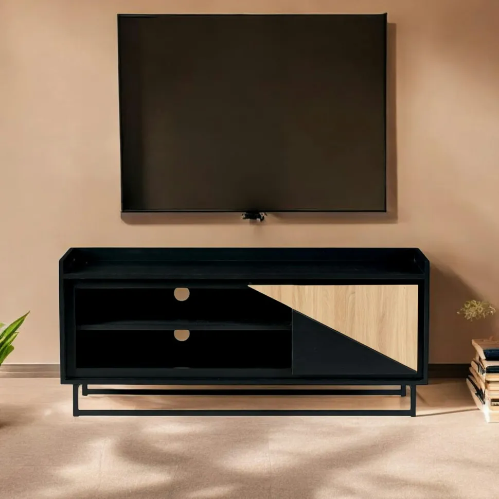 Meuble TV 2 portes bois noir et blanc ANINA