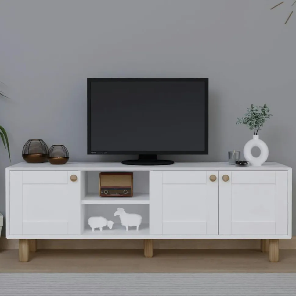 Meuble TV 3 portes vert sauge et plateau effet chêne VAREN