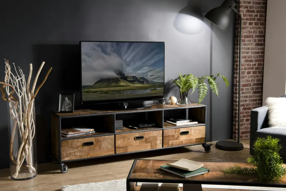 Meuble tv à roulettes teck recyclé SWING
