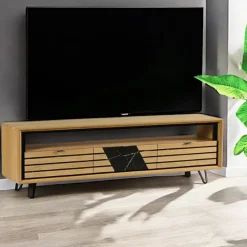Meuble TV 3 tiroirs chêne blanc décor graphique ESSEN