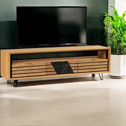 Meuble TV 3 tiroirs chêne blanc décor graphique ESSEN