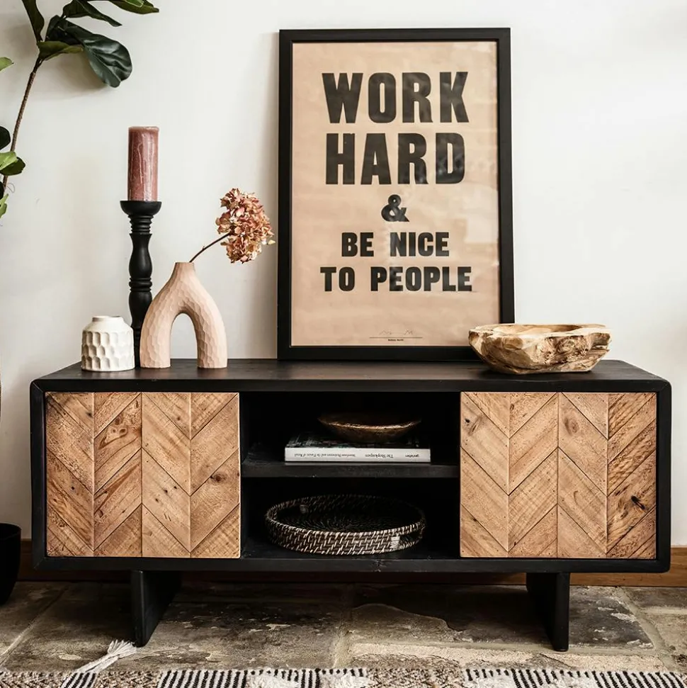 Meuble tv avec rangement en bois recyclé FSC motif chevron FAGA