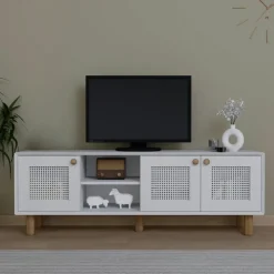 Meuble TV blanc, 3 portes à cadre et 2 niches VAREN