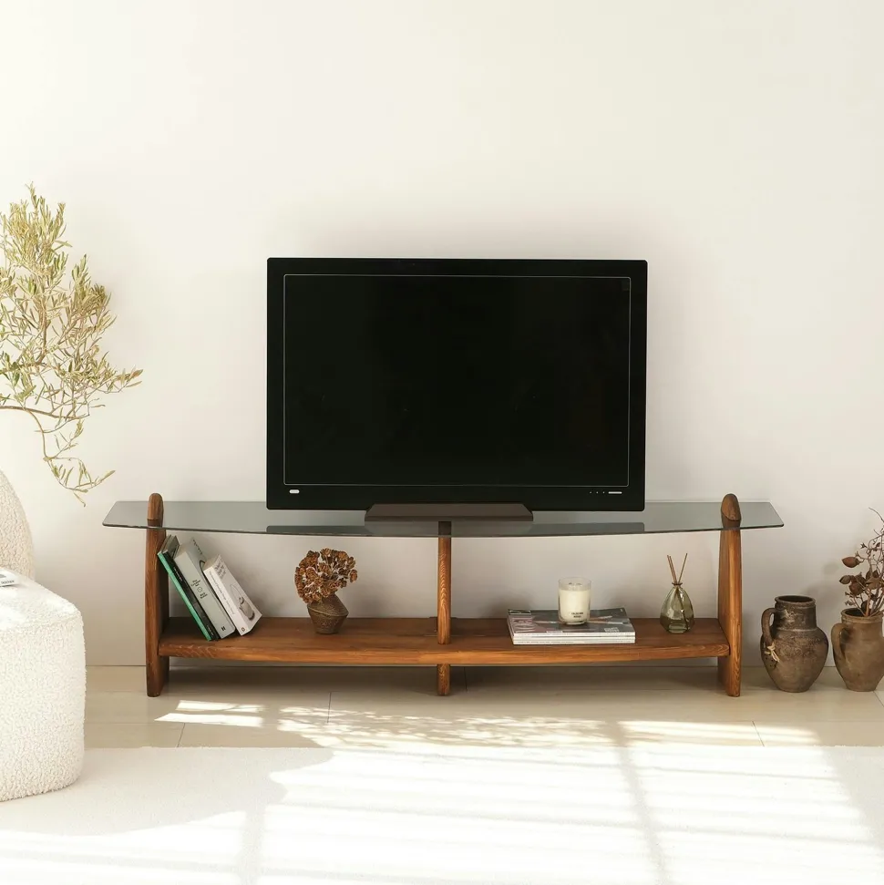 Meuble TV bois brun et verre - 2 niches, vintage ANZIO