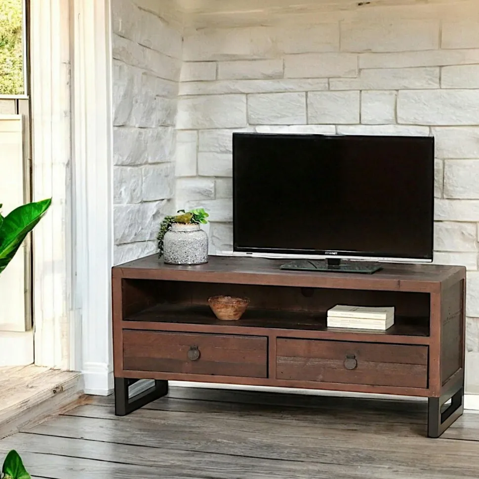 Meuble TV bois brun recyclé 2 tiroirs SAMOA