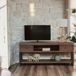 Meuble TV bois brun recyclé double plateau SAMOA